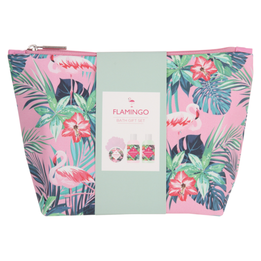 Flamingo Toiletry Bag Bath Gift Set 4 Piece