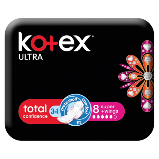 Kotex Ultra Total Confidence 3-In-1 Super Sanitary Pads With Wings 8 Pack