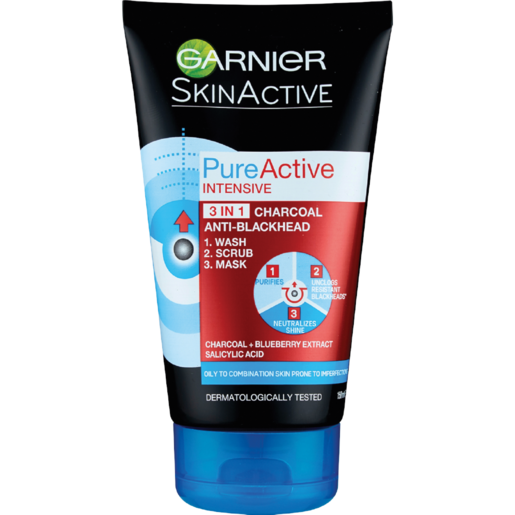 Garnier Skin Active Pure Active Intensive Charcoal & Anti-Blackhead 3 In 1 Face Wash 150ml