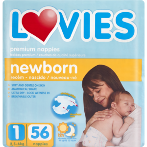 Lovies Premium Size 1 Newborn Disposable Nappies 56 Pack