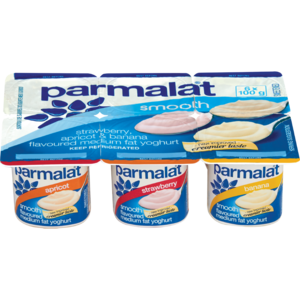 Parmalat Smooth Medium Fat Apricot/Strawberry/Banana Multipack Yoghurt 6 x 100g