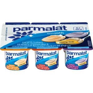 Parmalat Smooth Medium Fat Banana Custard/Coconut Biscuit/Blueberry Cheesecake Multipack Yoghurt 6 x 100g