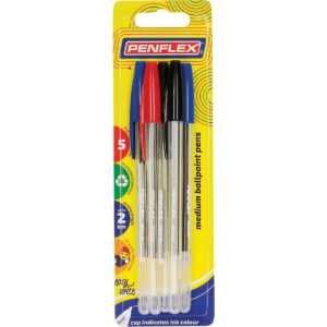 Penflex Clear Assorted Ballpoint Pens 5 Pack