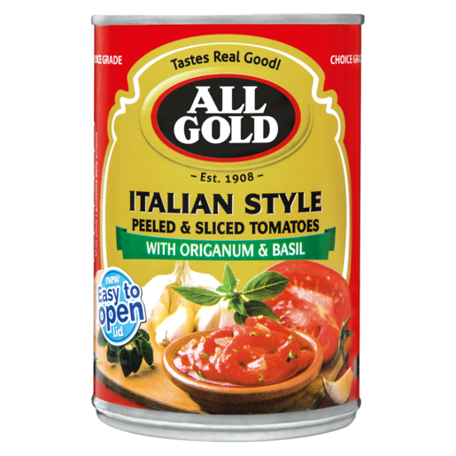 All Gold Italian Style Peeled & Sliced Tomatoes With Origanium & Basil Can 410g