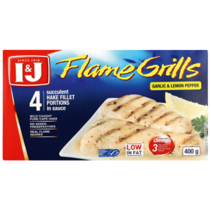 I&J Flame Grills Frozen Hake Fillet Portions In Garlic & Lemon Pepper Sauce 400g