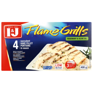 I&J Flame Grills Frozen Hake Fillet Portions in Rosemary & Olive Oil Sauce 400g