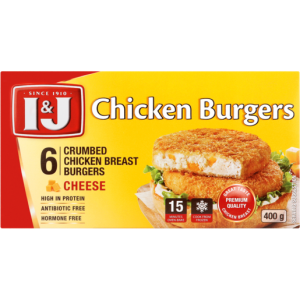 I&J Frozen Crumbed Chicken Breast Burgers With Cheese 400g